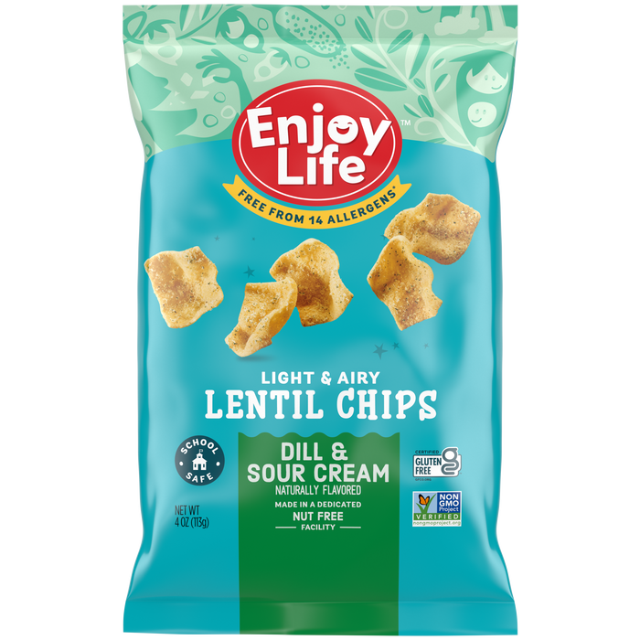 allergy friendly dill & sour cream lentil chips packaging