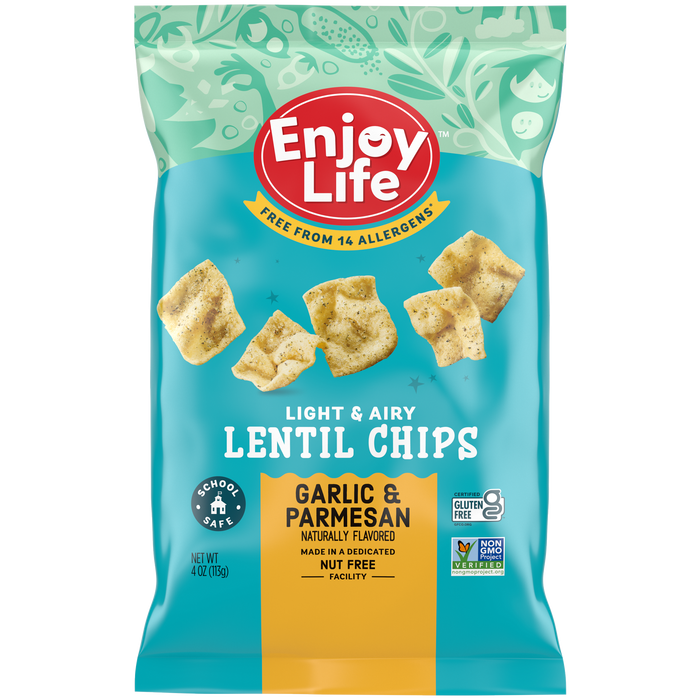 allergy friendly garlic & parmesan lentil chips packaging